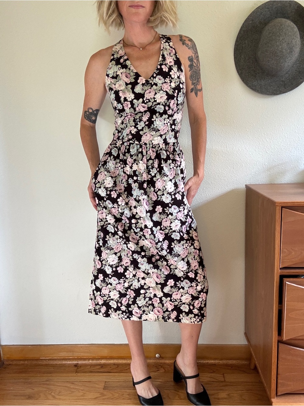 VTG Lanz Black Floral Halter Midi Dress S/ XS Cottage Dark Romantic Coquette Bow